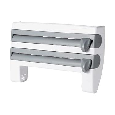 Imagem de Dispenser de Papel Manteiga Filme Adesivo e Alumínio 3 em 1 com Cortador Suporte para Rolo Toalha Rack Multifuncional Parede Armazenamento Organização