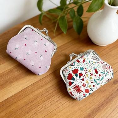 Imagem de Porta-moedas 2 peças, mini bolsa para mulheres e meninas, carteira colorida e dupla face com fecho Kiss Lock para chaves, moeda, batom, Rosa e branco