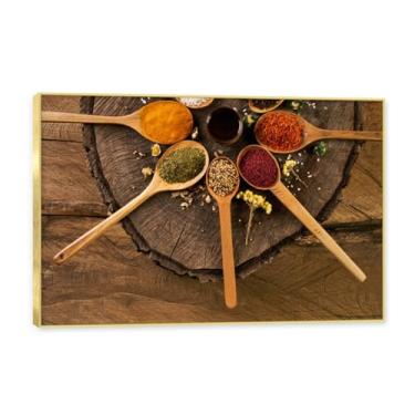 Imagem de NHLDZYH Moldura dourada. Arte de parede em tela de especiarias coloridas e colher de tempero | Decoração de cozinha vintage | Arte moderna para casa e sala de jantar. C77. 70 x 105 cm - 27,6 x 41,4