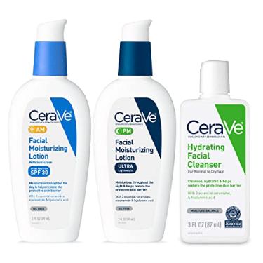 Imagem de CeraVe Hidratante Facial Cerave Am Com Fps, Hidratante Facial Pm E Rotina De Cuidados Com A Pele Para Lavagem Facial Hidratante Para Manhã E Noite | Artigos De Higiene Pessoal Para Viagem | Loção 3 O