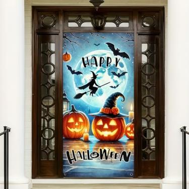 Imagem de Decoração de sinal de porta de Halloween feliz dia das bruxas pendurado bandeira porta da frente sinal pequeno banner abóbora bruxa e abóbora decoração para casa escritório quintal exterior interior