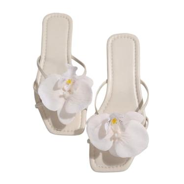 Imagem de GORGLITTER Sandálias femininas 3D florais elegantes quadradas abertas sandálias rasteiras verão praia férias slides 2025, Bege, 40