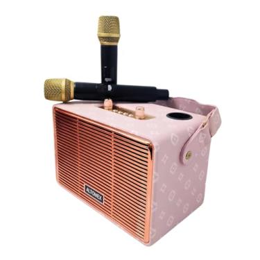 Imagem de Caixa de Som Karaokê Bluetooth sem Fio com 2 Microfones, 100W PMPO, 20W Potência, Bateria 3600mAh, Preto/Laranja/Marrom/Rosa, TF/USB/FM/AUX/TWS (Rosa)