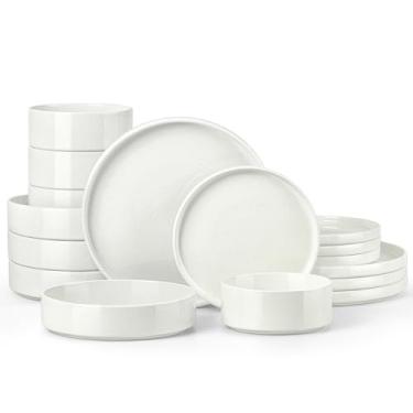 Imagem de Conjunto de louça de grés para 4 com tigela de macarrão, Onader conjunto de pratos e tigelas de 16 peças, utensílios de cozinha salpicados, utensílios de jantar, podem ser colocados no micro-ondas e