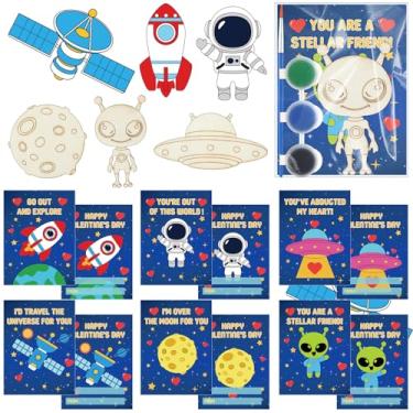 Imagem de Ctosree 24 Pack Valentine's Party Favors Bulk DIY Cards Gifts Wooden Arts Painting Craft Kit with Valentine's Cards Thank You for Gifts for Kids Boys Girls Birthday Party(Space Themed)