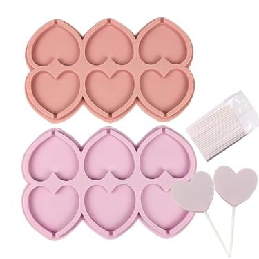 Imagem de Moldes de pirulito de coração, pacote com 2 moldes de silicone para doces de chocolate para Dia dos Namorados com palitos 3D, faça você mesmo, molde de silicone de coração de amor para gelatina, doces