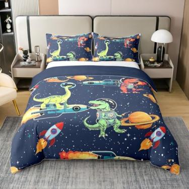 Imagem de Conjunto de capa de edredom de dinossauro astronauta 100% algodão, tamanho Queen, conjuntos de cama Galaxy Adventure, 3 peças para decoração de quarto de crianças, mulheres, adultos, tema espacial