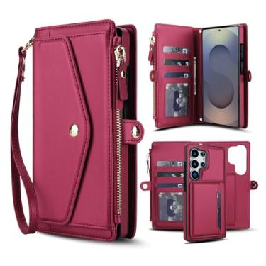Imagem de Capa carteira para Samsung Galaxy S24 Ultra, capa flip magnética destacável com compartimentos para cartões, bloqueio RFID, suporte e alça de pulso, capa protetora para celular (magenta)