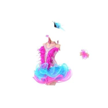 Imagem de Vestido profissional de dança latina para meninas, bailes de salão, competição, vestido de paetê, pena latina, vestido de dança latina, rosa, XXG