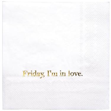 Imagem de WRAPAHOLIC Guardanapos de coquetel de casamento 50 peças - 3 camadas de folha dourada Friday I'm in Love Guardanapos de papel descartáveis para casamento e festa de noivado, Dia dos Namorados - 12 x