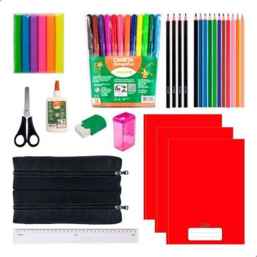 Imagem de Kit Material Escolar Infantil Caderno Brochura Estojo Duplo Mais Itens