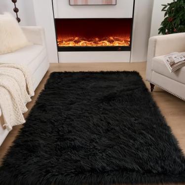 Imagem de CKLZSAY Tapete de pele de carneiro de pele sintética super macio e fofo tapete de área de pelúcia para quarto de criança almofada de sofá para sala de estar tapetes de cabeceira (preto, retângulo de 2