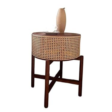 Imagem de Mesa de canto redonda de madeira moderna com cesta de armazenamento, mesa lateral rústica para sofá, mesa de cabeceira redonda pequena, mesa de centro pequena para sala de estar quarto simples (marrom