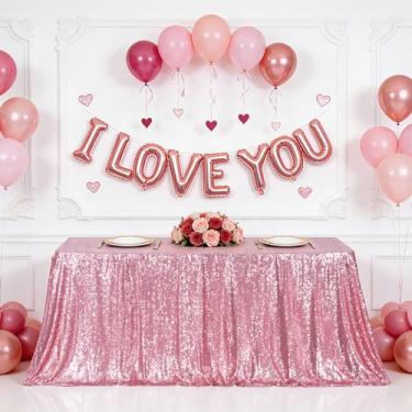 Imagem de Eternal Beauty Toalha de mesa rosa fúcsia, 152 x 300 cm, capa de mesa retangular com lantejoulas para dia dos namorados, bolo, sobremesa, exposição, festas, eventos de aniversário