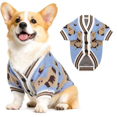Imagem de Suéter de cachorro fofo urso cardigãs roupas para cães pequenos, médios, meninos, meninas, gatos, roupas de malha macias para filhotes, suéteres de tricô para cães (azul, G)
