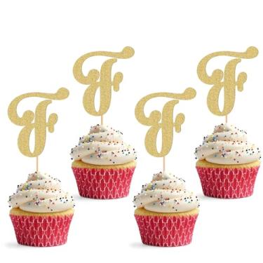 Imagem de Topper de cupcake de 26 letras - pacote com 24 decorações de cupcake com glitter e letra F, adequado para festa de aniversário, aniversário de casamento ou adereços de cabine de fotos (F)