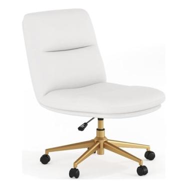 Imagem de Flash Furniture Chloe Commercial Cadeira de escritório estofada sem braços com rodas e altura ajustável, função giratória, conjunto com 1, moldura de couro branco macio/dourado