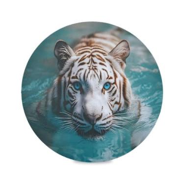 Imagem de STAYTOP Jogo americano redondo de tigre branco com olhos azuis 1 peça, tapetes de mesa antiderrapantes fáceis de limpar para casa, cozinha, churrasco, festa, decoração de mesa