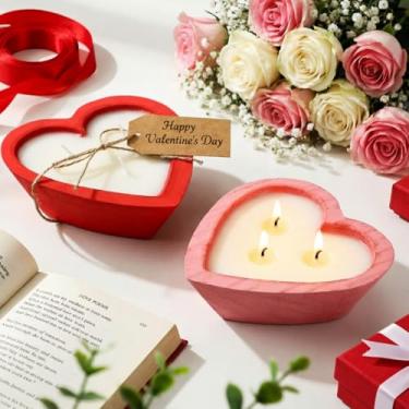 Imagem de Lounsweer 2 velas de madeira em forma de coração, tigela de massa de coração de 15 cm, 3 pavos, mistura de soja, velas decorativas de 150 ml, para mesa de dia dos namorados, presente de aniversário