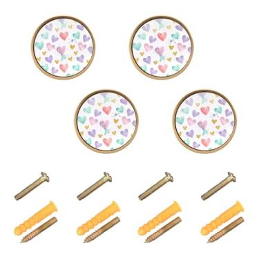 Imagem de Wassud Aquarela corações coloridos pacote com 4 maçanetas de armário redondas para móveis puxadores e puxadores de gaveta de cômoda de cozinha de 3 cm