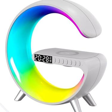 Imagem de Luminária G Rgb Com Relógio Carregador Por Indução Abajur Inteligente E Caixa De Som - Branco