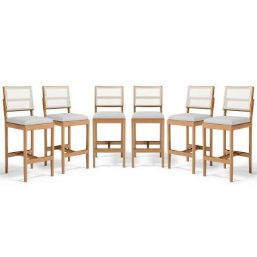 Imagem de Kit Com 6 Banquetas Milena Madeira Maciça Assento Estofado Encosto De Tela Sintética Linho Cinza 407