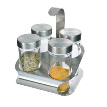 Imagem de Porta condimentos com 4 potes para temperos e suporte de metal - Top C
