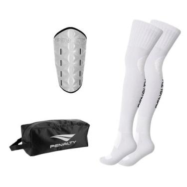 Imagem de Kit Futebol Meião + Caneleira + Porta Chuteira Penalty, Branco, 39-44