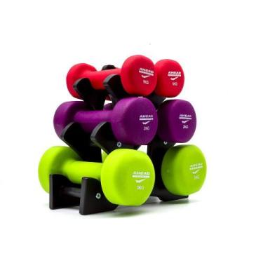Imagem de Kit Halteres Sextavados Emborrachados Ahead Sports 12kg Suporte Treino