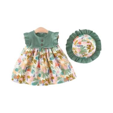 Imagem de Vestido Floral De Algodão Para Bebê Menina Sem Mangas Com Chapéu De So