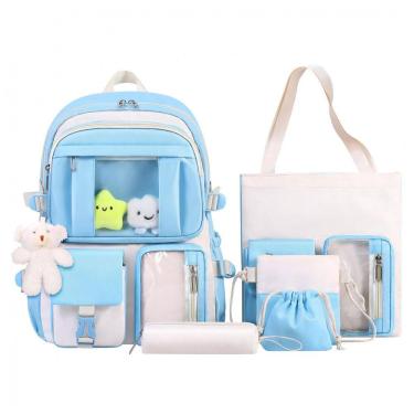 Imagem de Mochila HORHREAR Kawaii 5 em 1 escolar transparente, com pelúcia e estojo, azul claro