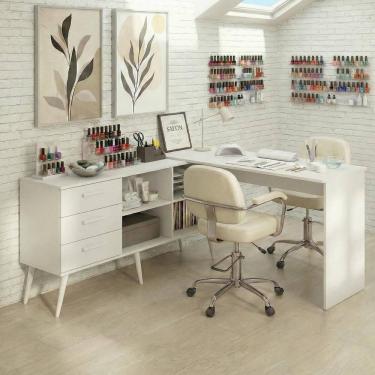 Imagem de Mesa De Manicure Profissional De Canto Em L Com 3 Gavetas Jady Multimóveis Mp6042 Branco
