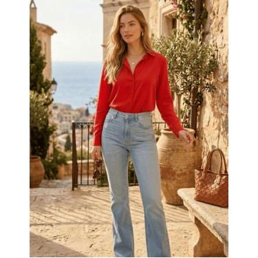 Imagem de Camisa Feminina Alfaiataria Linho Premium Camisete Camisa De Botão Off