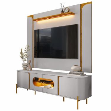 Imagem de Painel Maresias com Rack Juquehy Bechara para TV de 75 polegadas Largura de 180 cm com LED e pés  OFF White Naturale