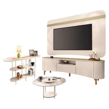 Imagem de Rack Bancada Elara e Painel Armony com Mesa de Centro Sky com tampo de Vidro e Aparador Infinity Off White - HB Móveis