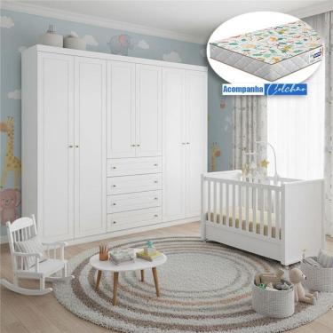 Imagem de Berço Tutto New com Guarda Roupa Americano Ambiente 6 Portas Branco Fosco e Colchão Gazin - Matic