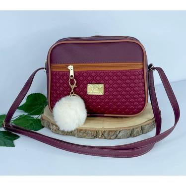 Imagem de Bolsa Feminina OEM Alça Transversal Tira Colo Estampa Moderna com Pompom 19x23x9 cm Vinho Adulto