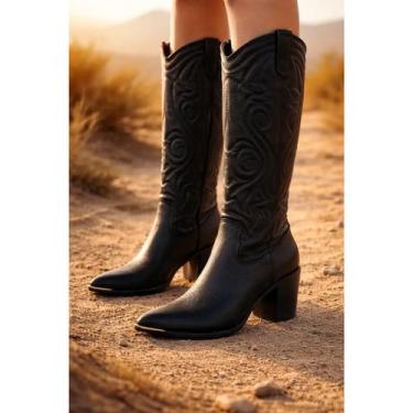 Imagem de Bota Texana Bico Fino Via Marte Feminino Couro Legitimo, Preto, 38