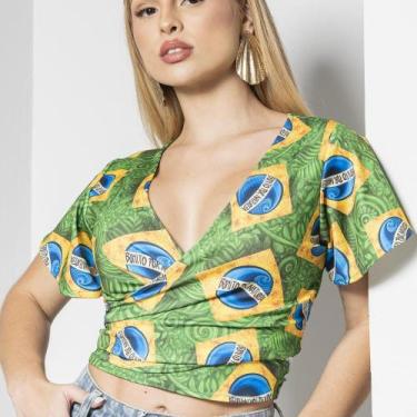Imagem de Blusa Feminina Transpassada Amarrar Brasil Copa - - DecoShop, Verde, G