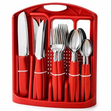 Imagem de Faqueiro Inox 26 Peças Vermelho Jogo Talheres Cozinha Mesa Churrasco Completo
