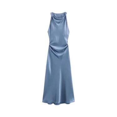 Imagem de Vestido Midi Elegante De Cetim Sem Mangas Com Decote Drapeado Para Mul