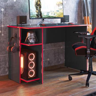 Imagem de Mesa Gamer Retangular Gamer Escritório Moderno sem Gavetas MDP 114CM Preto e Vermelho Qmovi