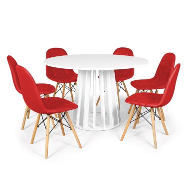 Imagem de Conjunto Mesa de Jantar Redonda Talia Branca 120cm com 6 Cadeiras Eiffel Botonê - Vermelho