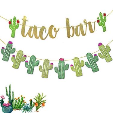 Imagem de Conjunto de 2 bandeiras de cacto da Fiesta Taco Bar - Bandeira de Fiesta com purpurina verde dourado para decorações mexicanas da Fiesta Party Cinco De Mayo