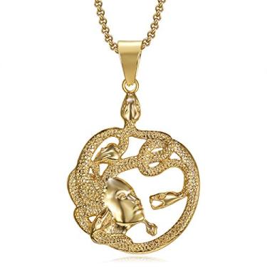 Imagem de Colar feminino banhado a ouro 18 K, medusa, górgona de cobra, pingente de cabeça de cobra, medalhão de aço inoxidável para presente de joia da Grécia Antiga com corrente de 50 cm, Strass, Zircônia