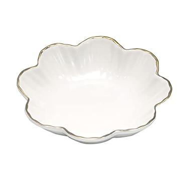 Imagem de Prato de servir porcelana, bandeja de saborear flor de cerâmica com borda metálica, tigelas de servir para casamento, festa perfeita para pequenos cereais, massas, saladas, doces e lanches brancos 16,