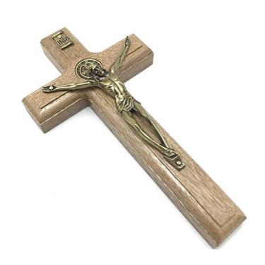 Imagem de Crucifixo de Parede Medalha de São Bento Cristo Metal Dourado 17 cm