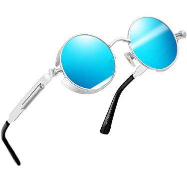 Imagem de Steampunk Óculos de Sol Joopin Redondos Femininos e Masculinos Polarizados, Vintage Retrô Armação de Metal com Proteção UV (Azul Espelhado Prateado)