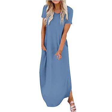 Imagem de Vestido feminino elegante casual cor sólida manga curta gola redonda bainha irregular vestido de férias vestidos femininos, Azul, G