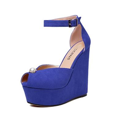 Imagem de WAYDERNS Sapato feminino de camurça peep toe casamento tira no tornozelo plataforma sexy fivela cunha salto alto sapatos 6 polegadas, Azul royal, 8.5